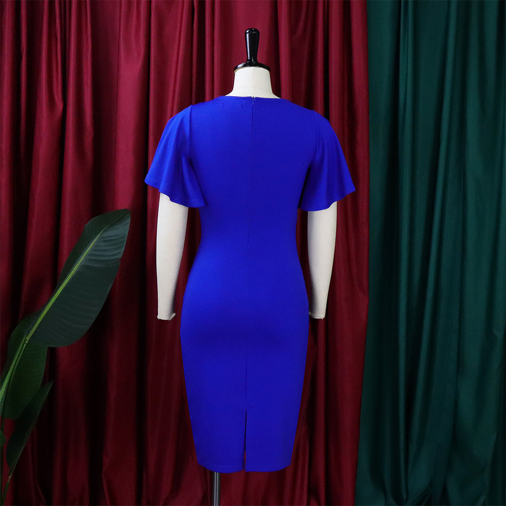 Women's Summer Solid Color High Waist Chic Career Ruffle Sleeve Office Dress 28