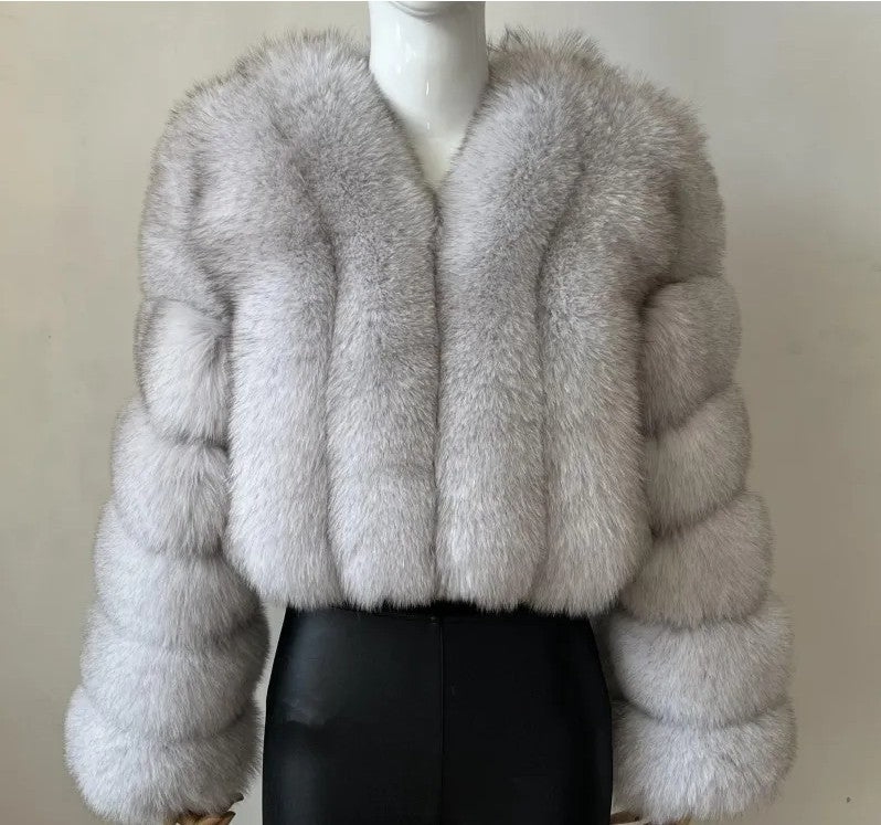 Women Winter Warm Patchwork Crop Long Sleeve Faux Fur Jacket 42