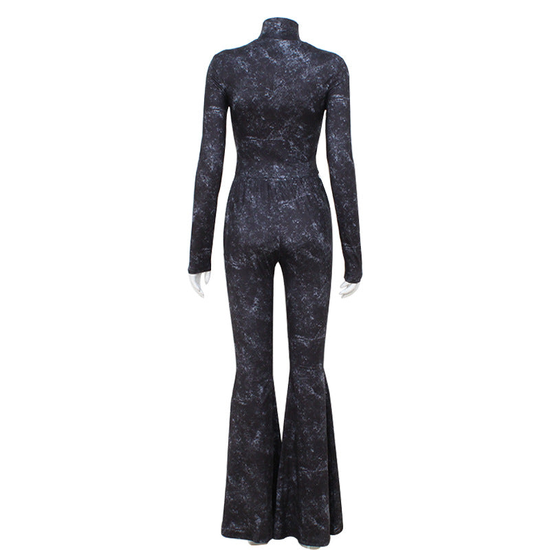 women's autumn fashion trend long sleeve zipper top Slim Fit Bell Bottom pants two piece set 6