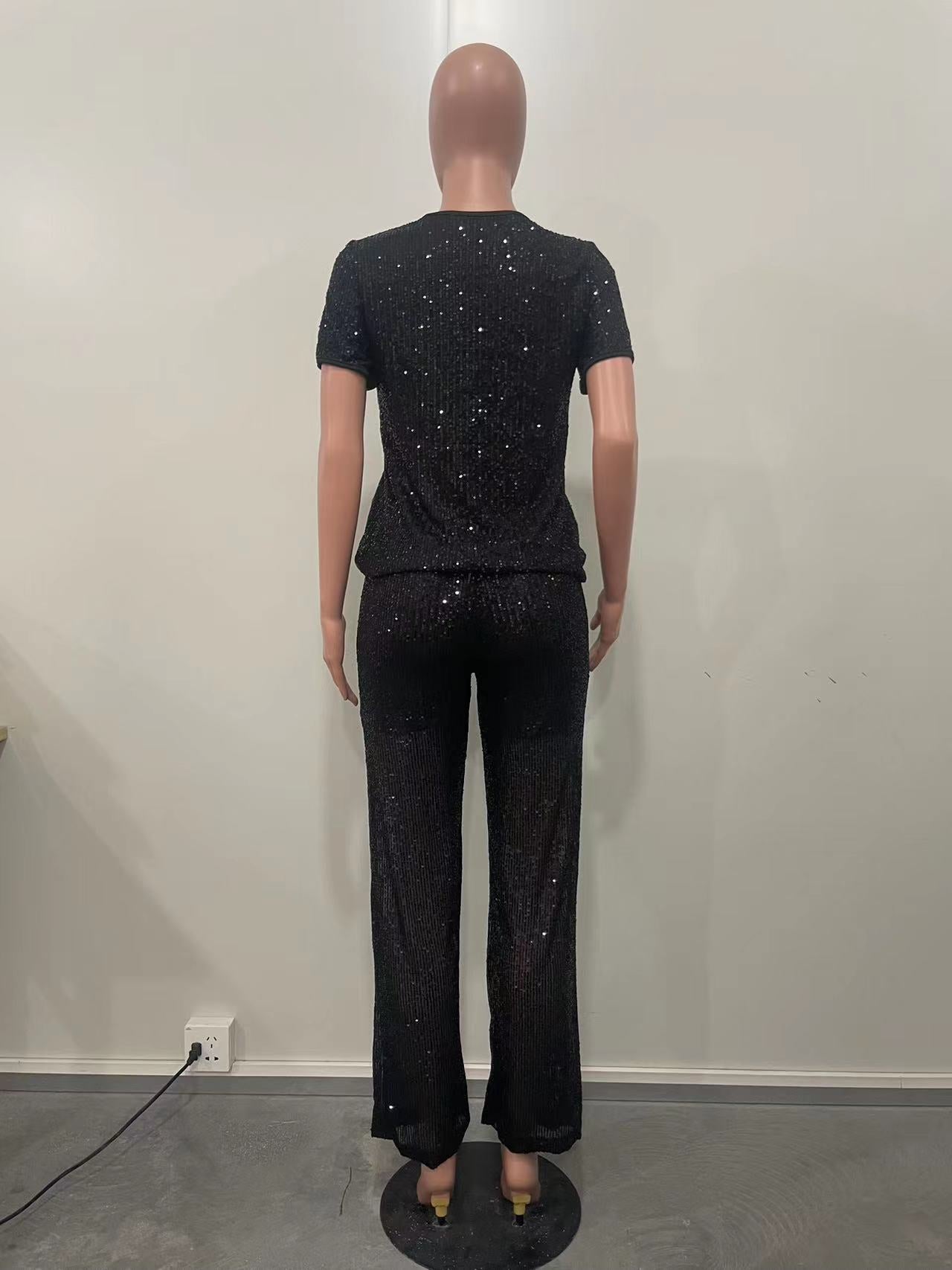 Women Spring Summer Sequin Solid Short Sleeve Top and Pants Two-piece Set 11