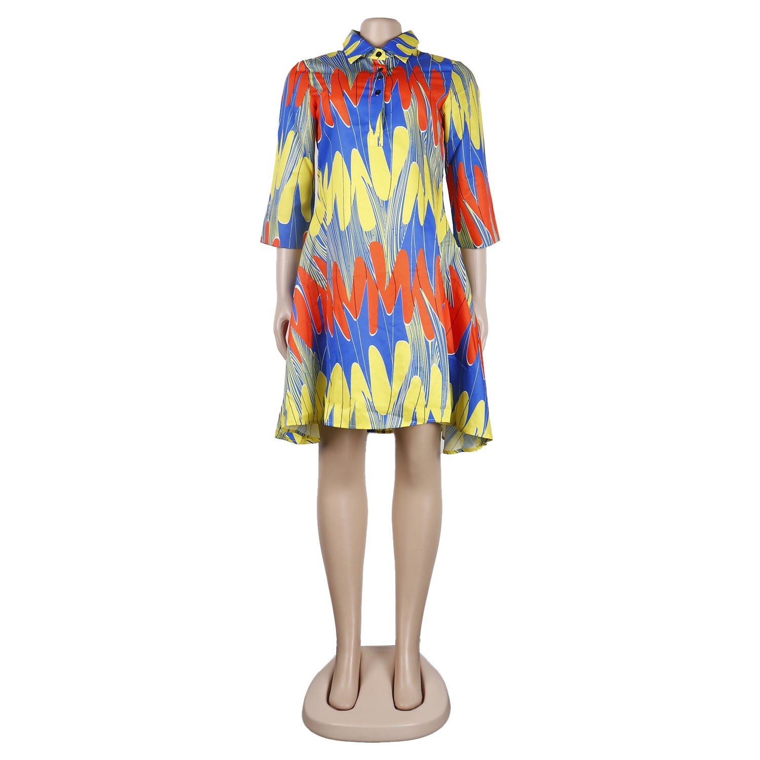 Women Casual Printed Deep v Turndown Collar Dress 14