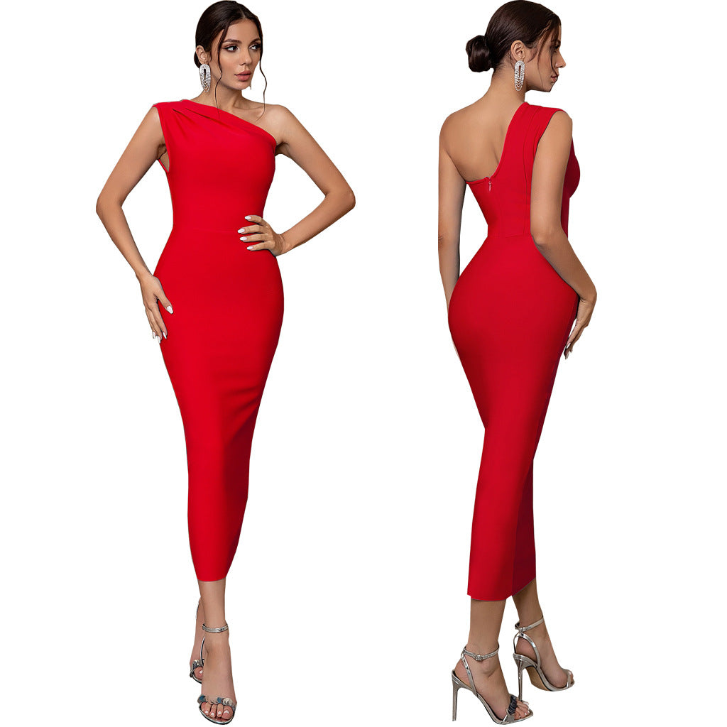 Sexy solid color one shoulder women's dress