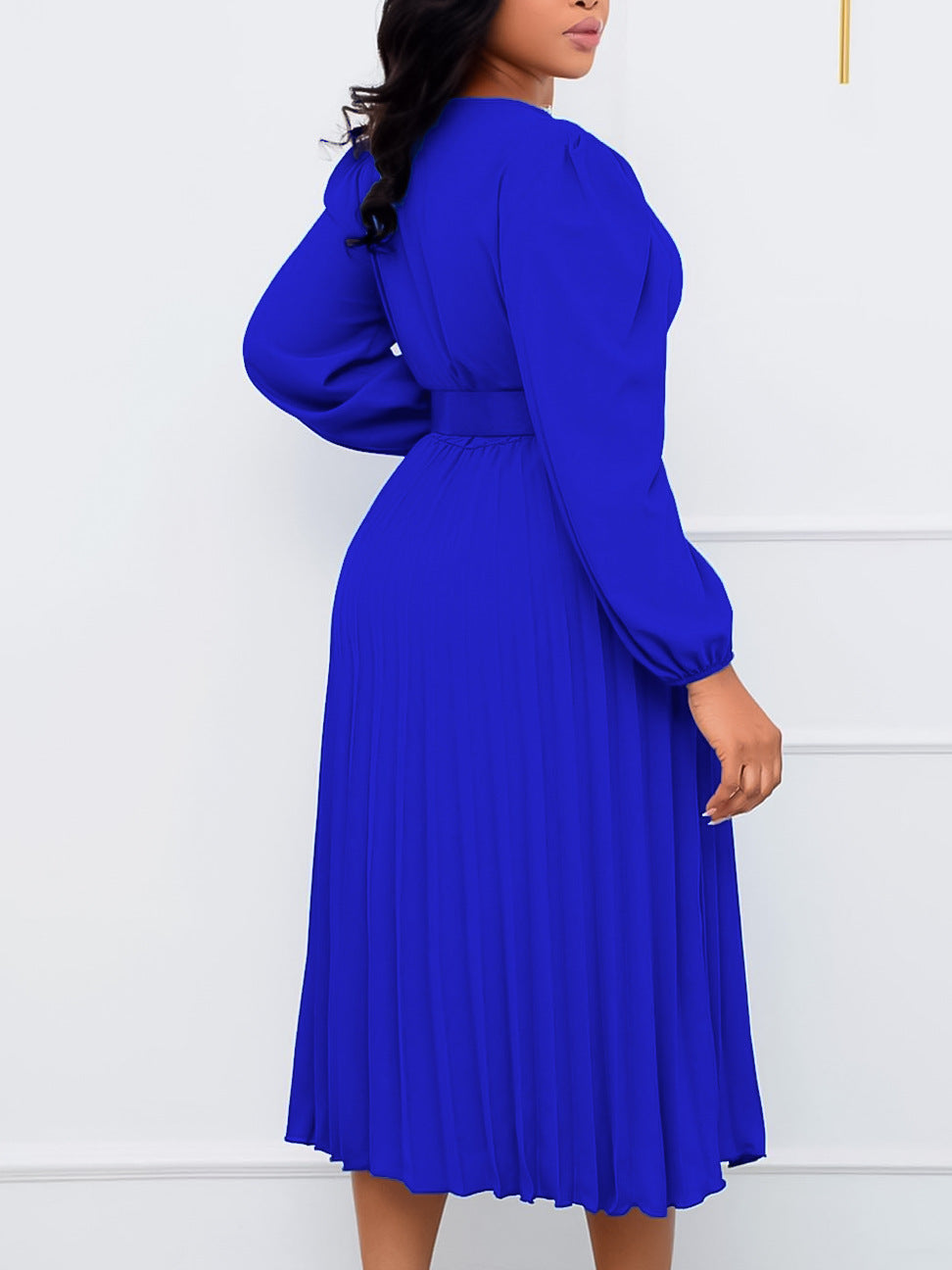 Plus Size Women Long Sleeve V-Neck Pleated Maxi Dress 7
