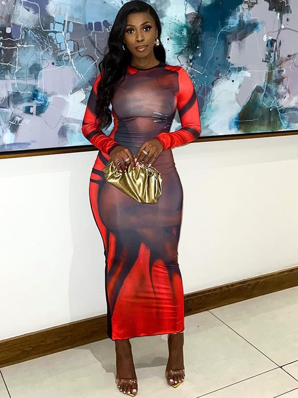 Trendy Women Street Fashion Printed Round Neck Pullover Long Sleeve Bodycon Casual Dress