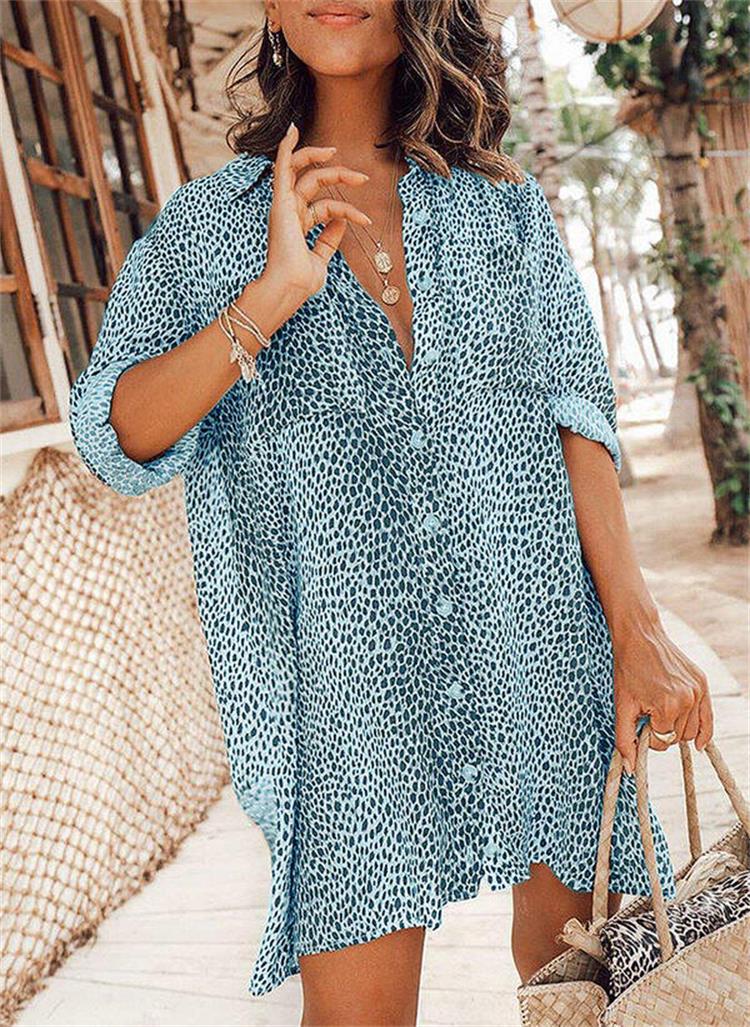 Women leopard print long-sleeved shirt dress 7