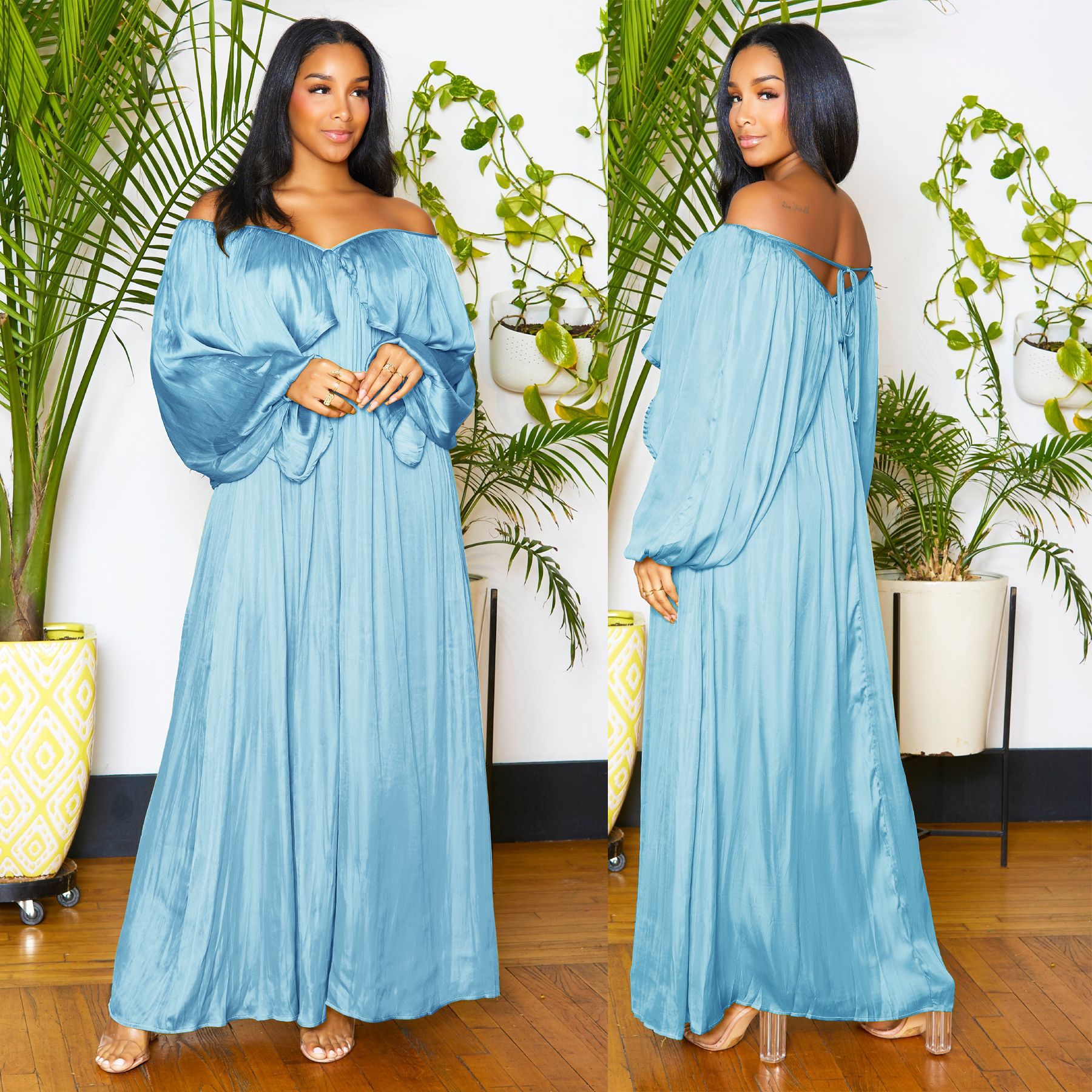 Women's Fashion Spring Autumn Chic Off Shoulder Sexy Dress Solid Color Color Bat Sleeves Maxi Dress 3