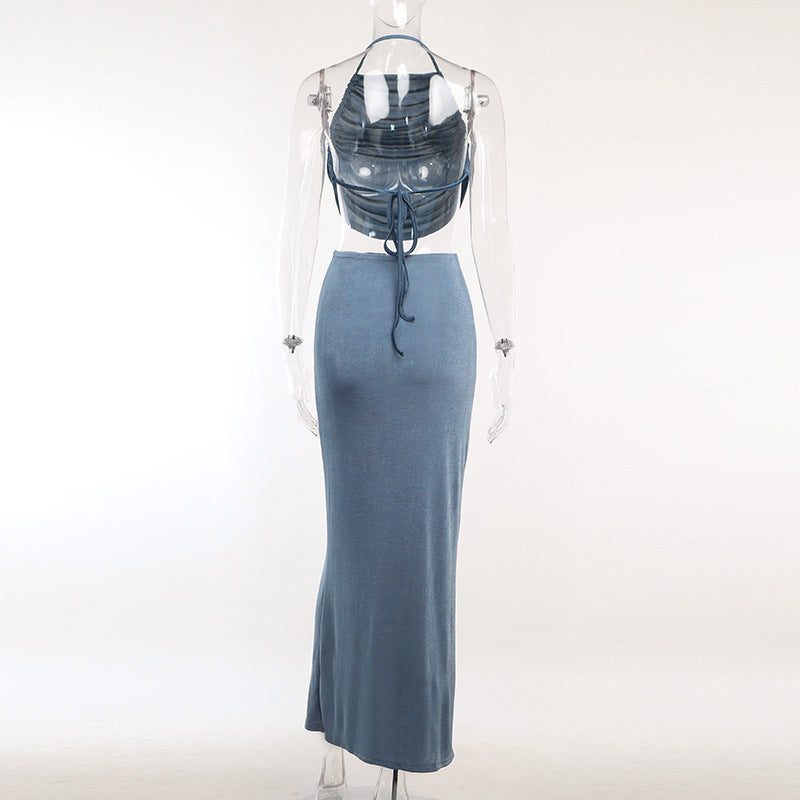 Autumn Solid Color Halter Neck Slim Fit Slim Pleated Low Back Top Skirt Women's Clothing 10