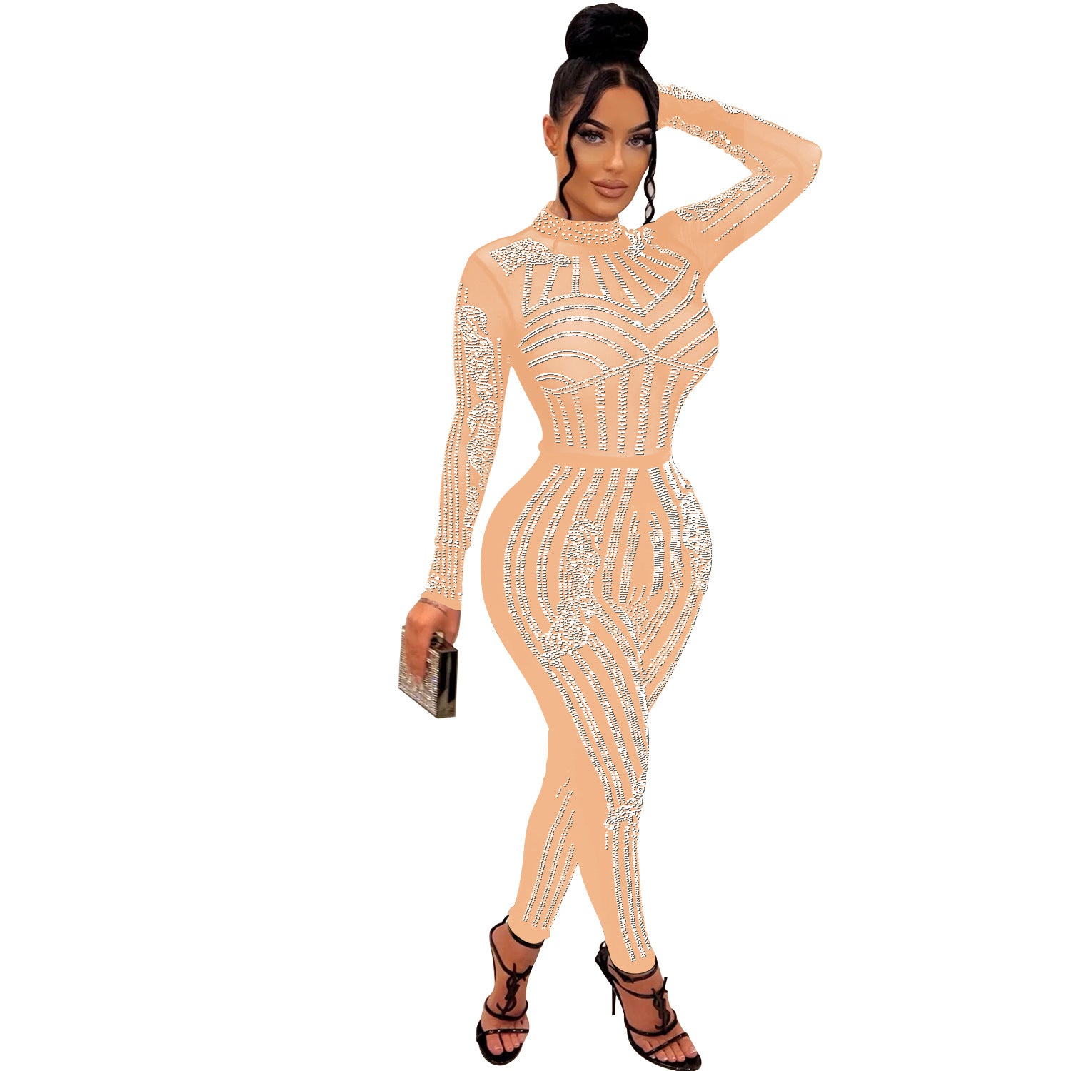 Women Solid Mesh Beaded Long Sleeve Jumpsuit 10