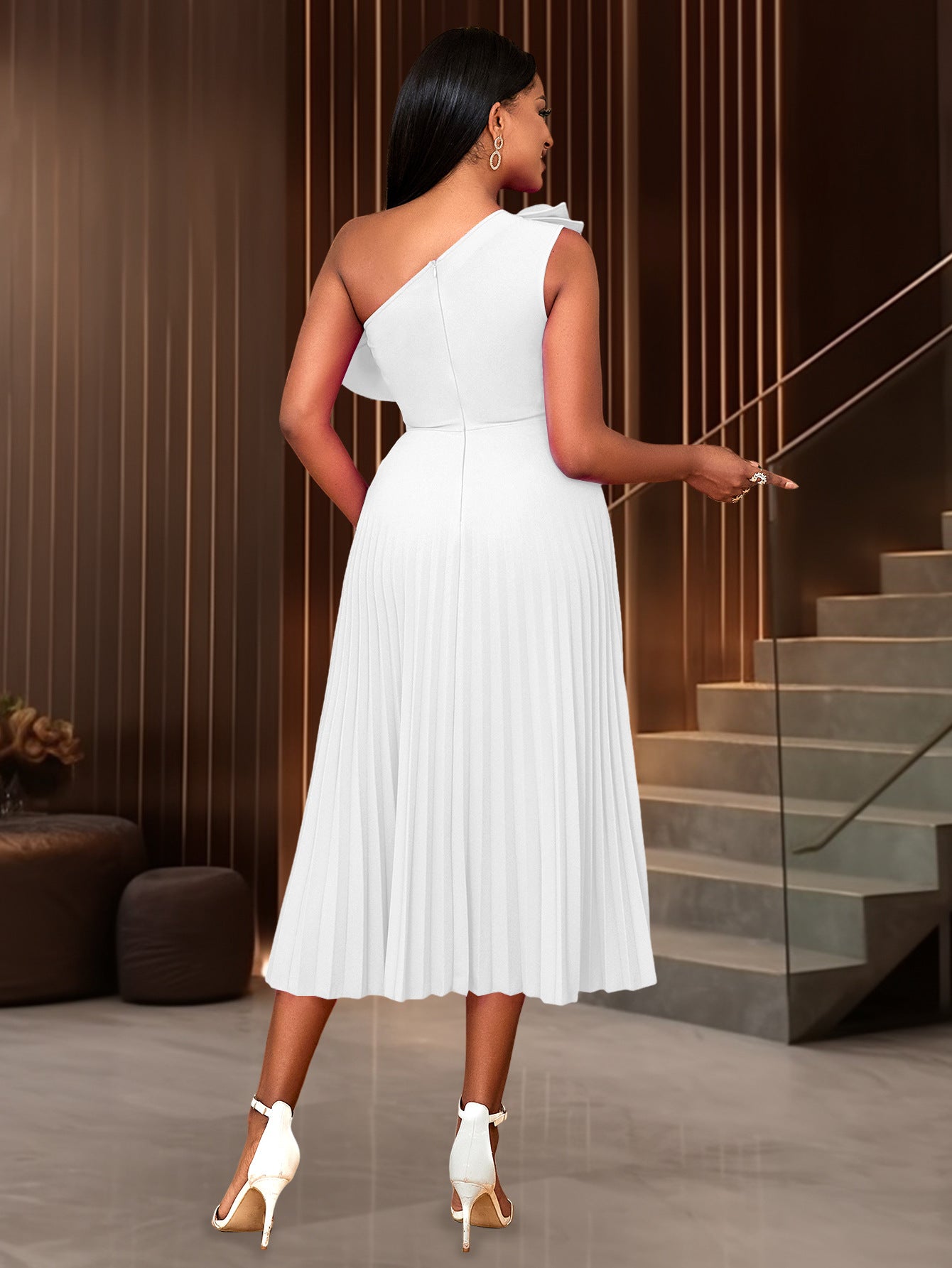 Women One Shoulder Slash Shoulder Formal Party Pleated Dress 26