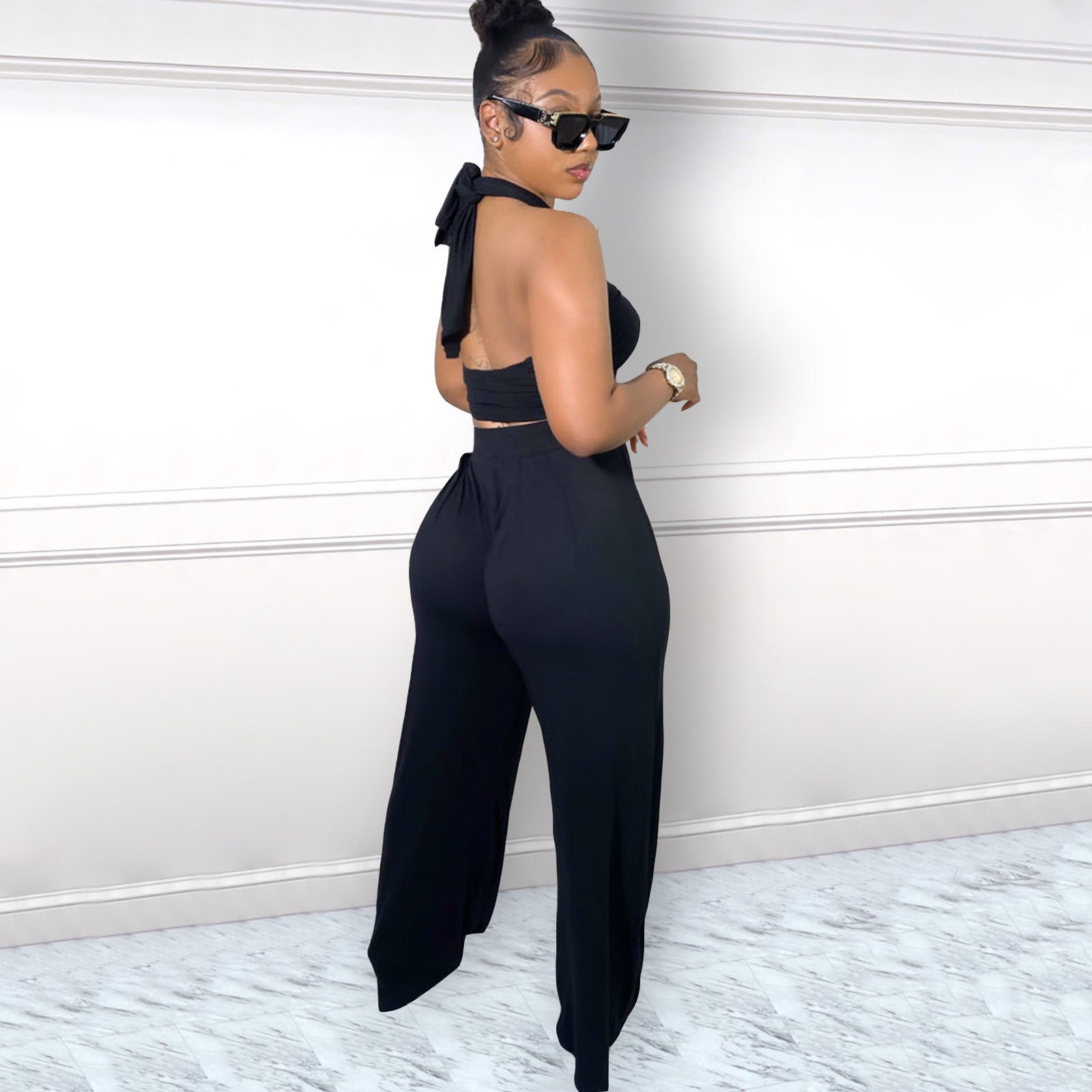 Women Sexy Halter Neck Top+ Wide Leg Pants Two-Piece 6