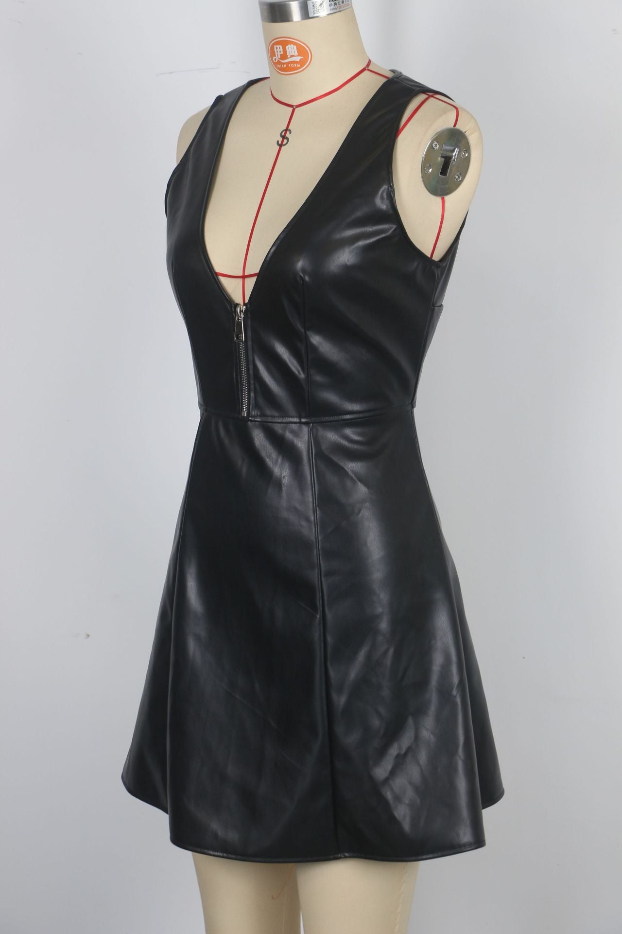 Women V-neck Backless Sexy Pu Leather Dress 8