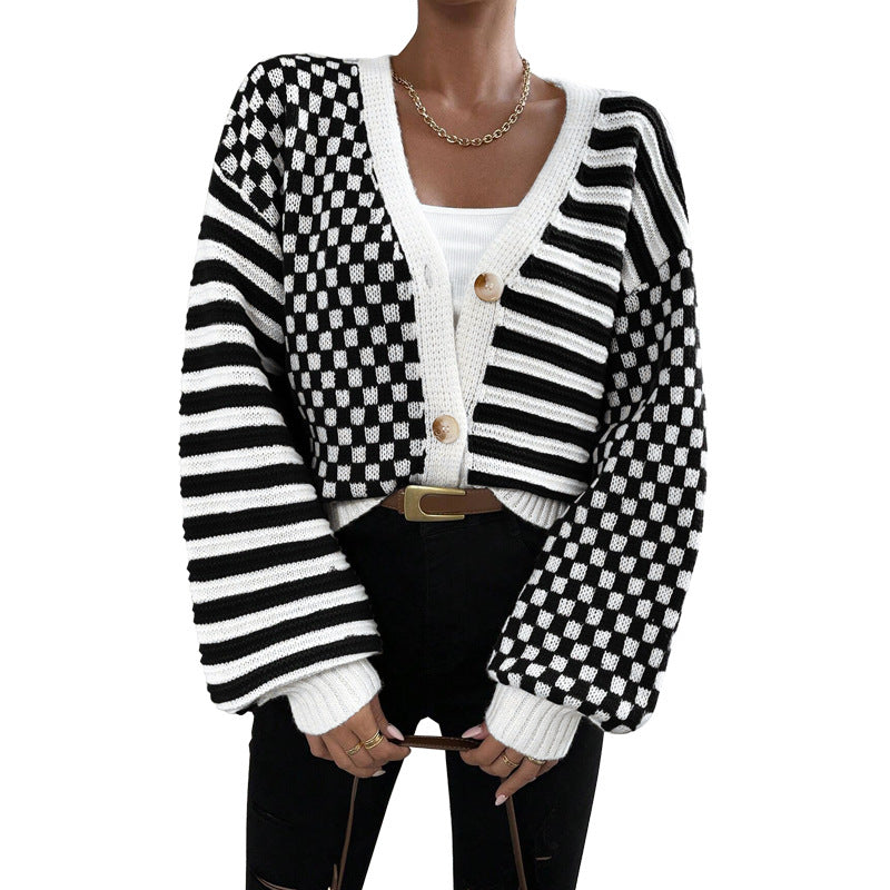 Autumn And Winter Sweater Women's Plaid Patchwork Striped Knitting Coat 6