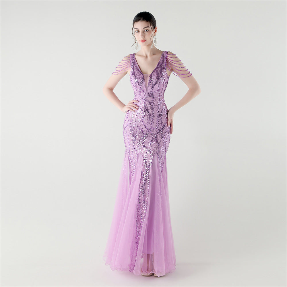 Spring Summer Low Back Sequined Mesh Slim Fishtail Party Evening Dress 5