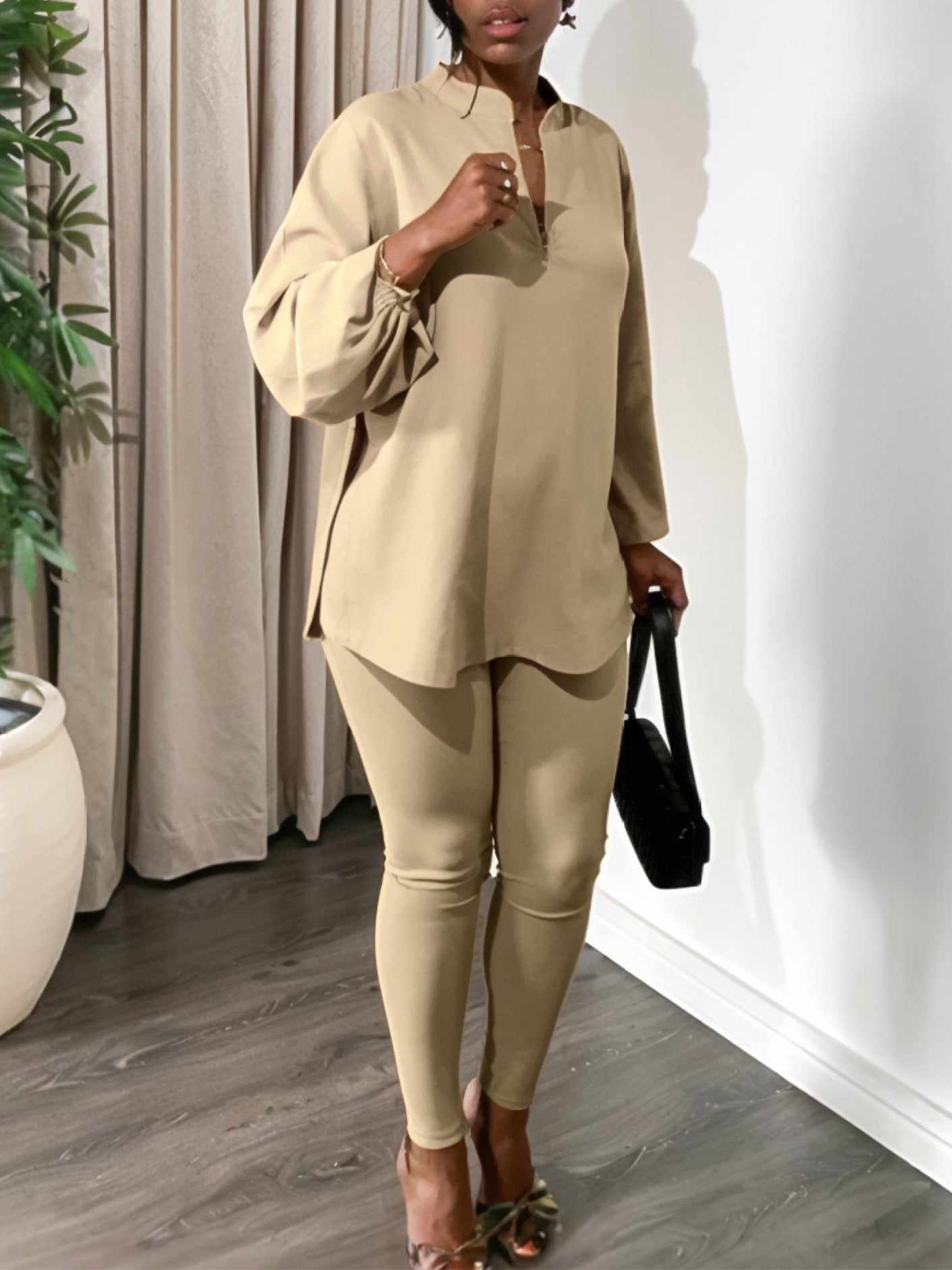 Women's Fall Winter Fashion Solid Color Plus Size V Neck Long Sleeve Top Pants African Suit