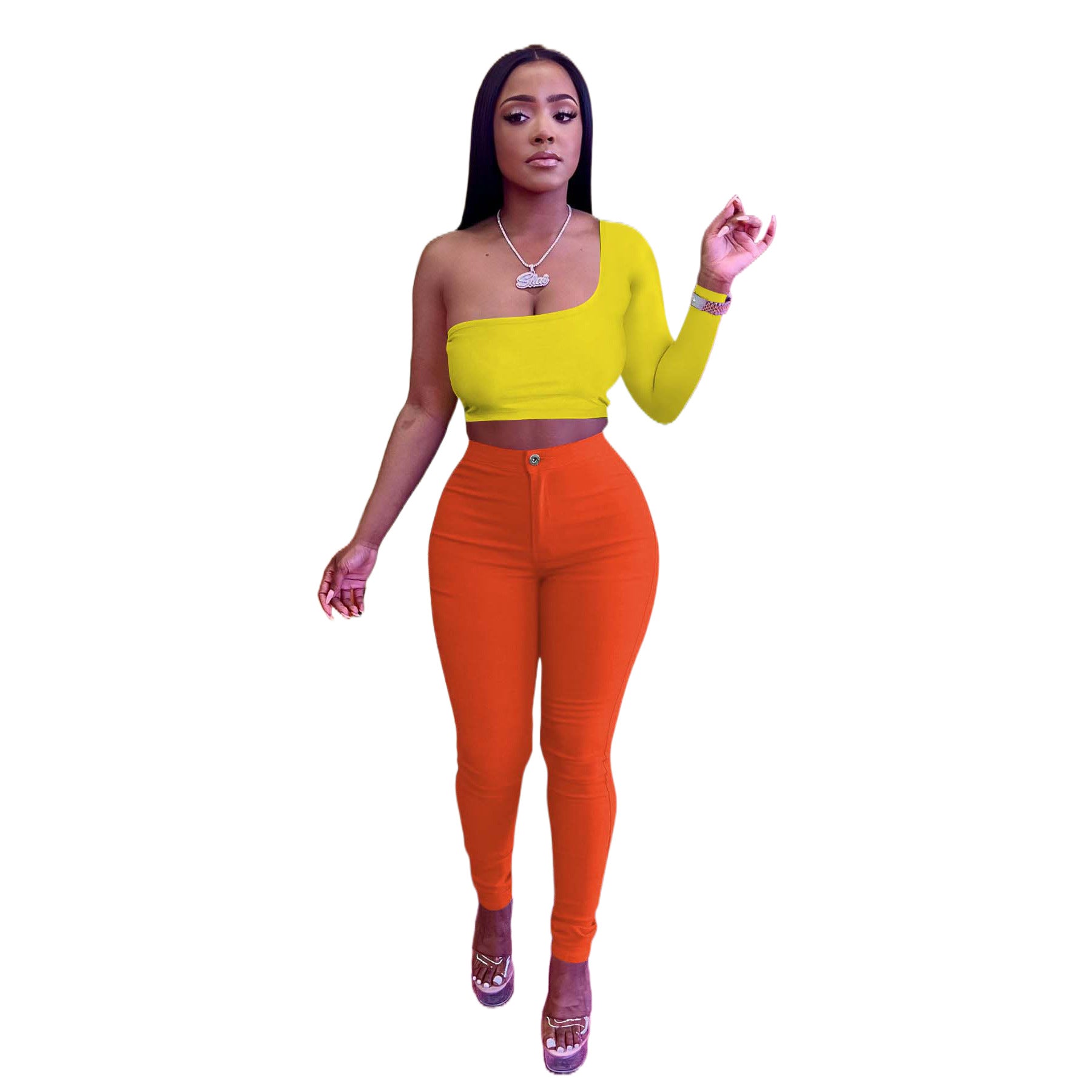 Trendy Color-Blocking Asymmetric Top Pants Two-Piece Set 4