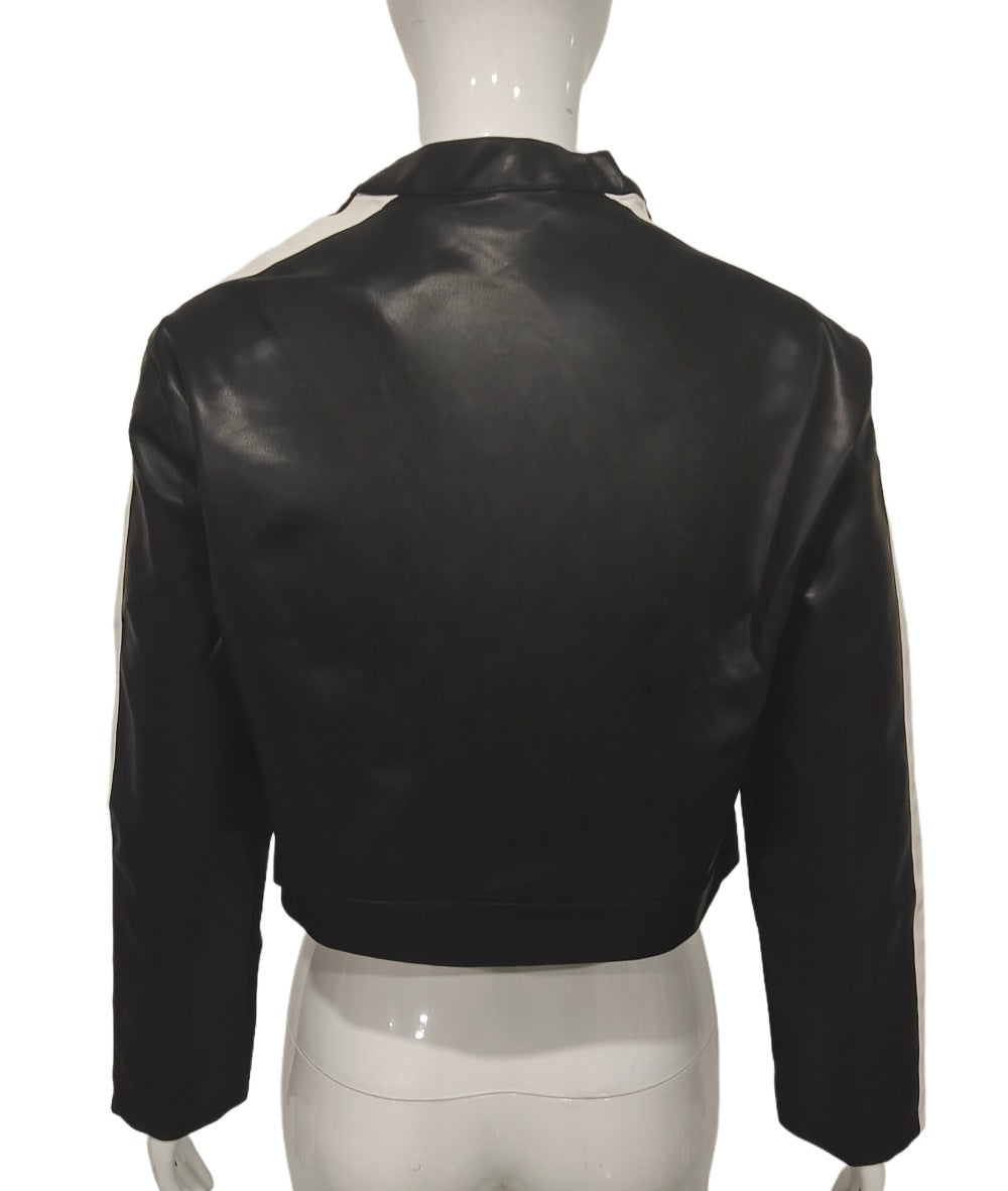 Autumn Women's Patchwork Color-Blocking Stripes PU Leather Jacket 12