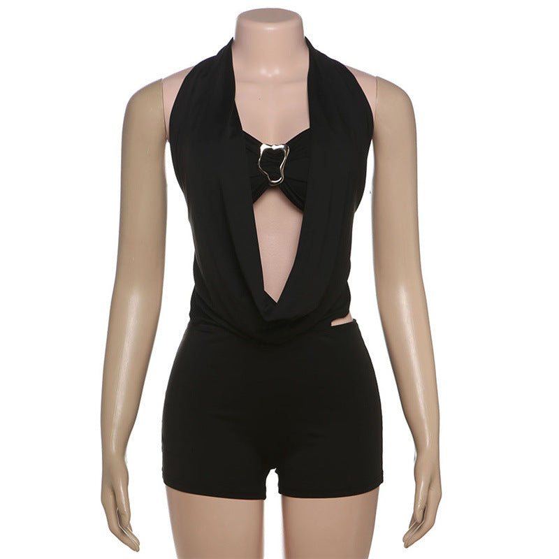 Women Summer Solid Strapless Halter Neck Top and Shorts Two-piece Set 8