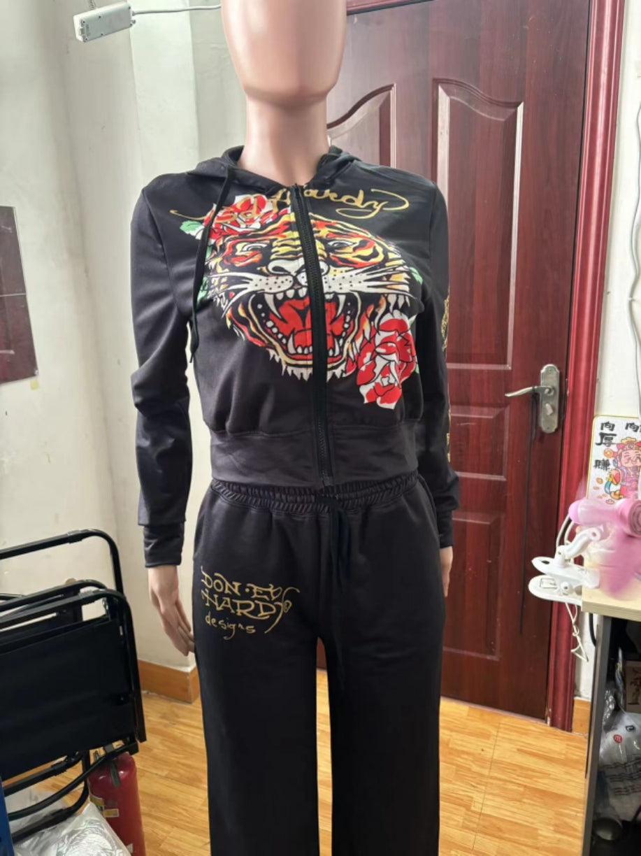 Women street casual print zipper hooded Print Top and Pants two-piece set 14