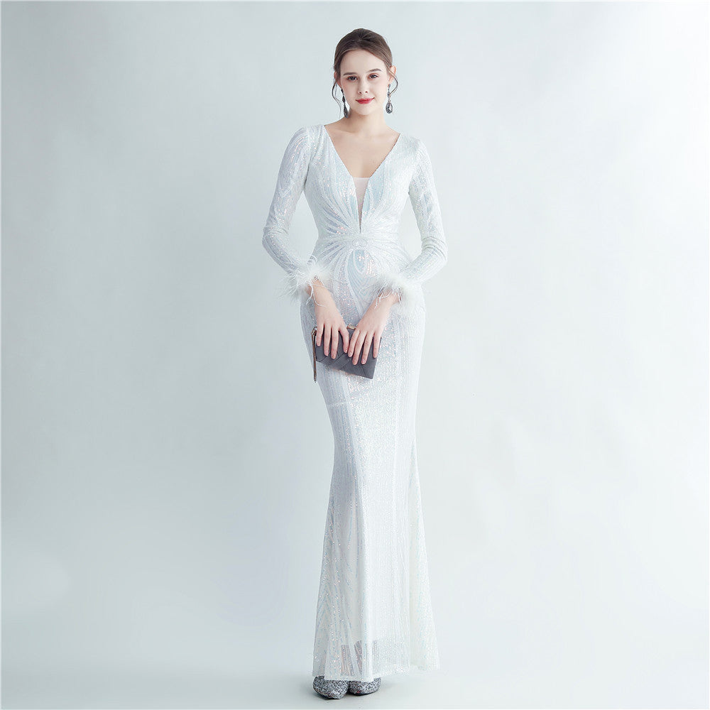 Women sequined ostrich fur long-sleeved evening dress 12