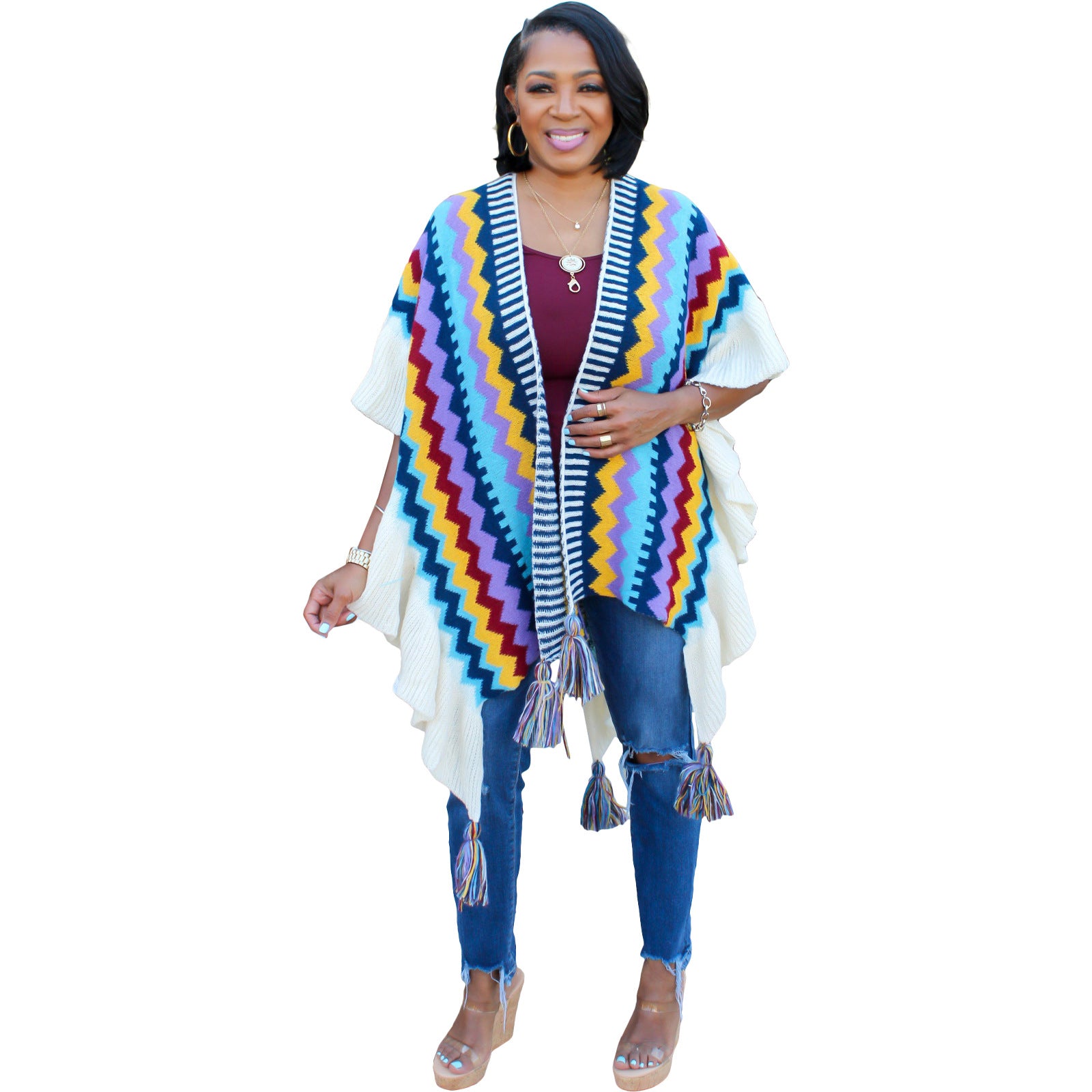 Women Autumn and Winter Geometric Knitting Crochet Tassel Cardigan Cape Jacket