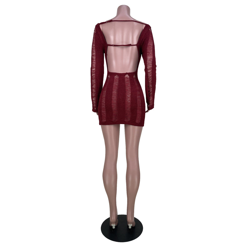 Women's Sexy Hollow Thin Long Sleeve Top Round Neck Hollow Back Dress 14
