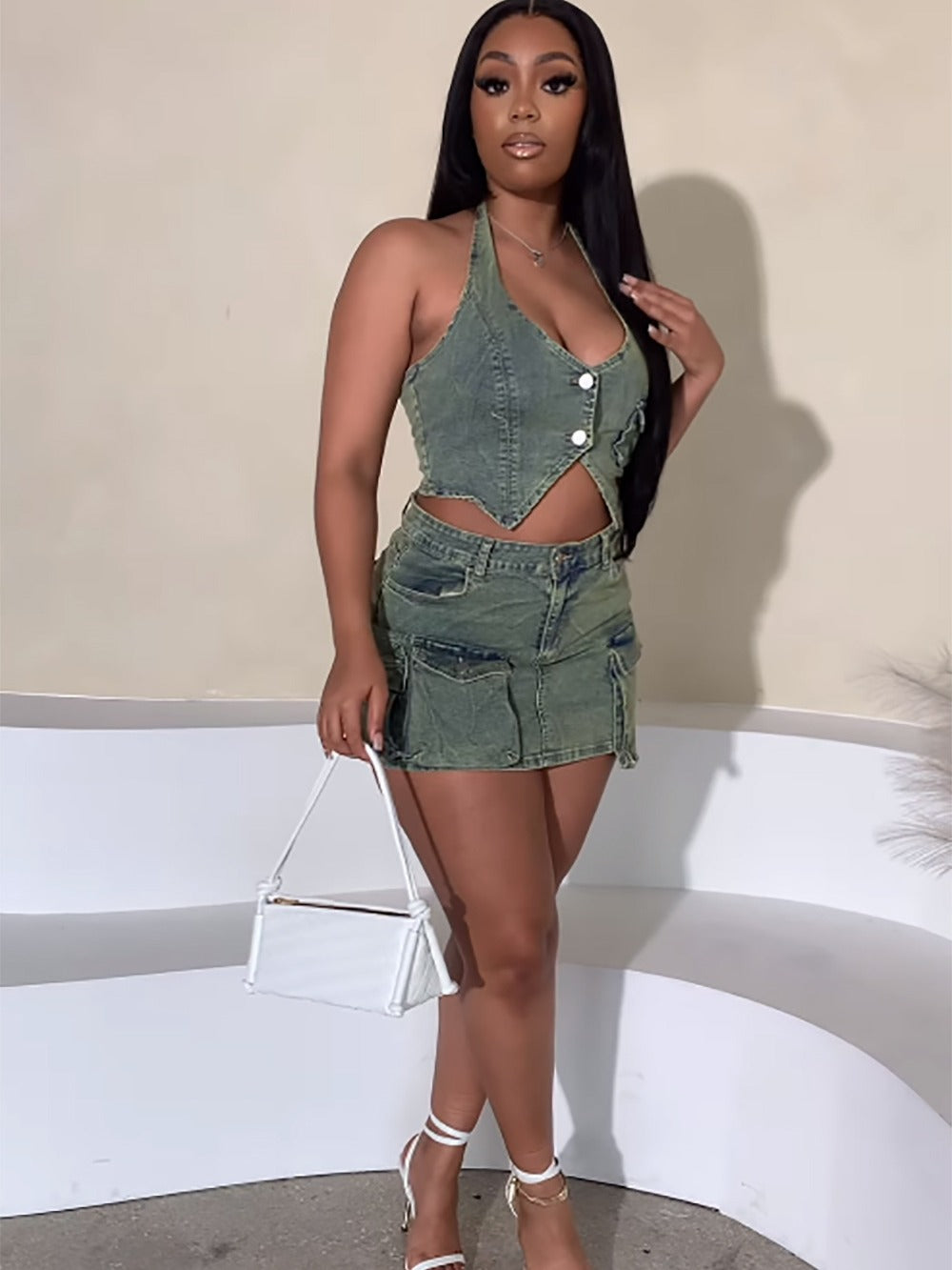 Women suspenders Top and pocket Denim Skirt two-piece set 4