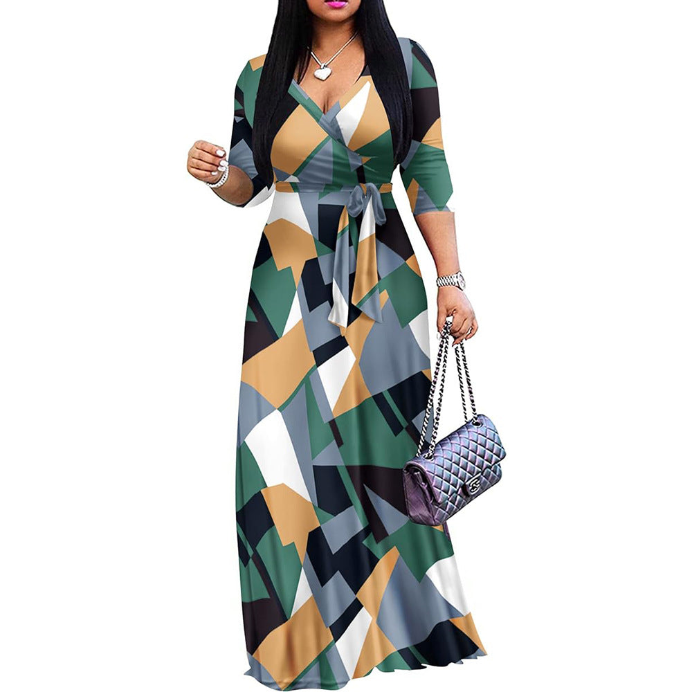 Women Casual Floral Print Sexy V-neck Half-Sleeve Dress