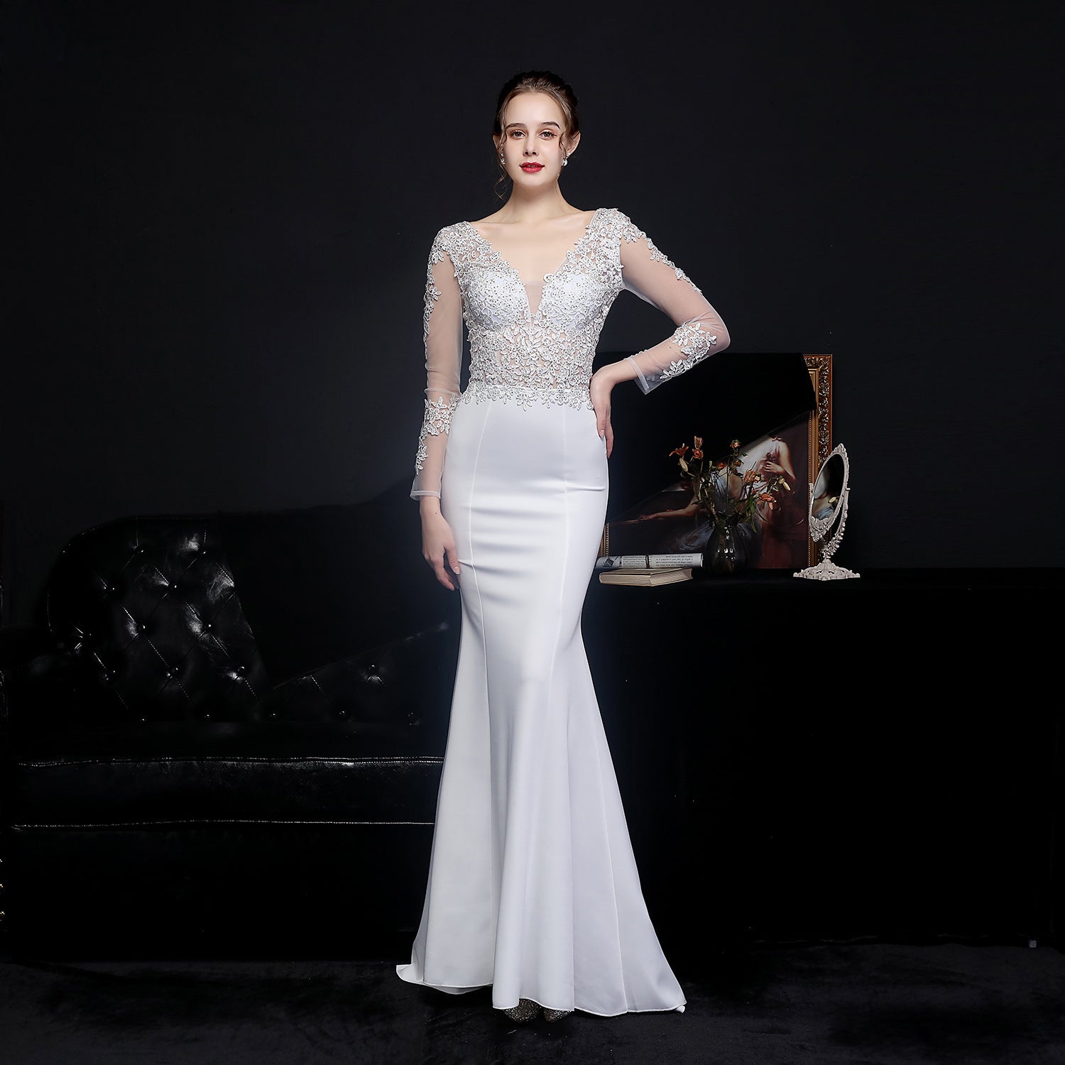 Autumn Occasional Formal Lace Upper V-Neck Mermaid Evening Dress 13