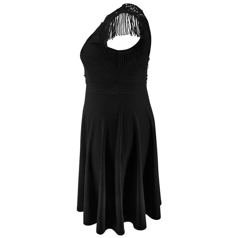 Plus Size Women Lace Round Neck Tassel Elegant Dress 9