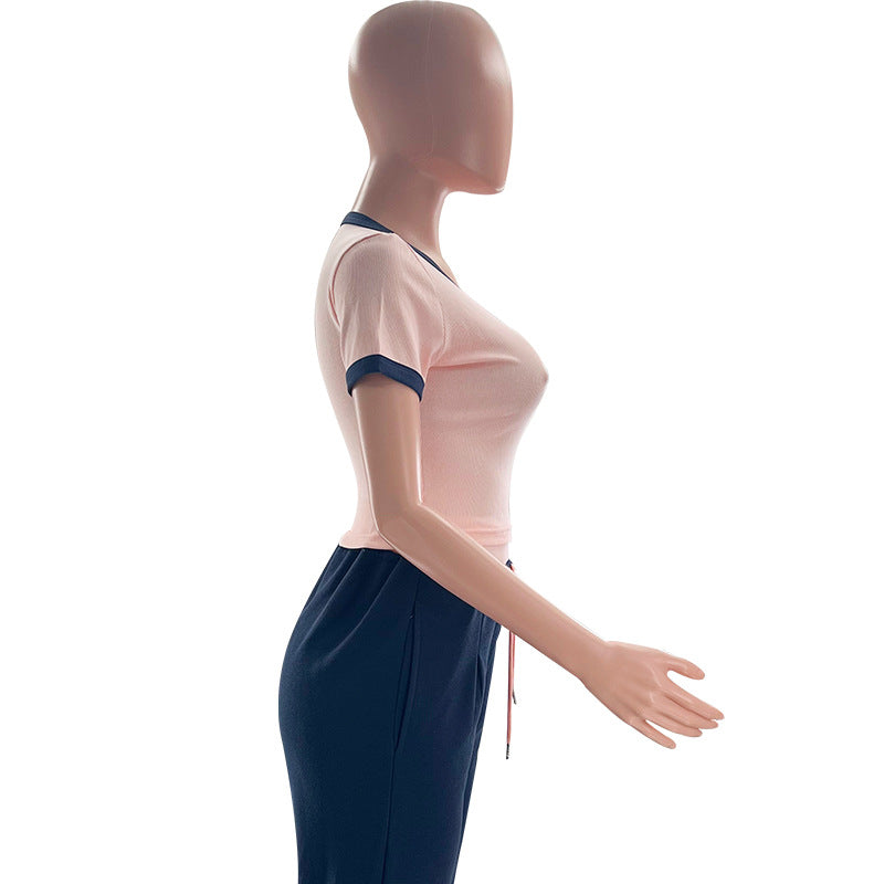 Women's Summer Color-Blocked Round Neck Short Sleeve Casual Pants Set 17