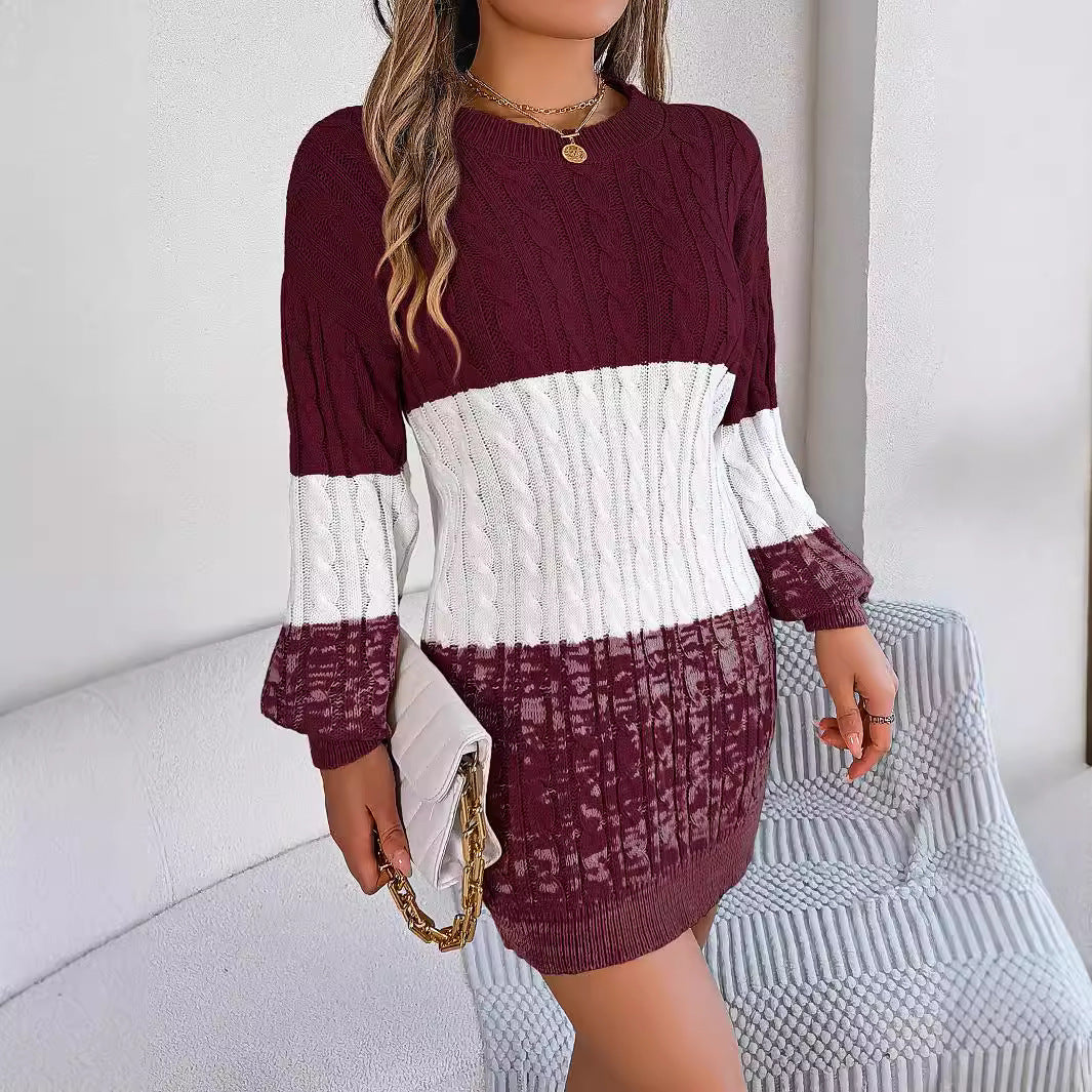 Autumn Winter Casual Color Matching Twisted Lantern Sleeve Sweater Dress Women's Clothing 8