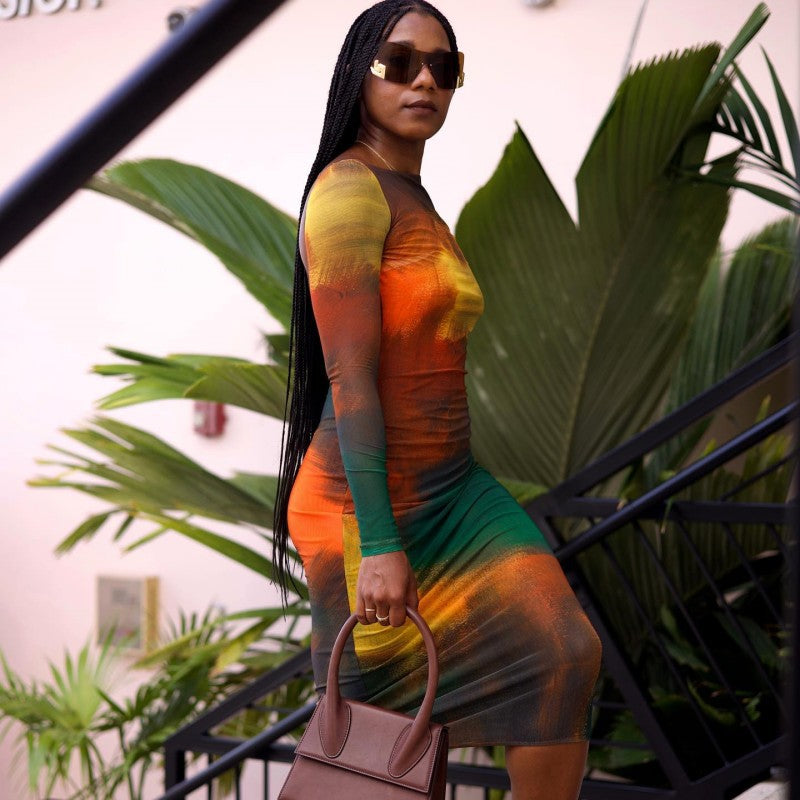 Women Fall Off Shoulder Long Sleeve Print Dress 7