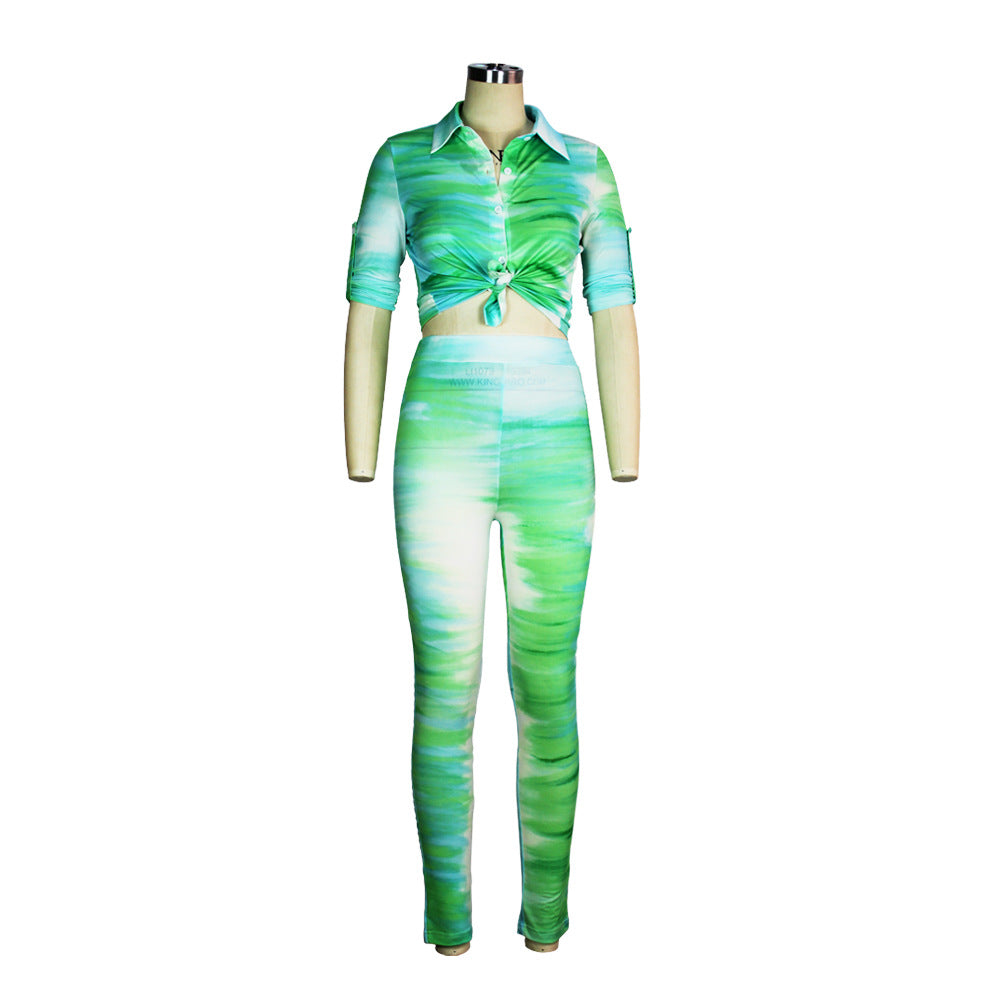 Women printed Turndown Collar shirt and Pants Two-piece Set 25