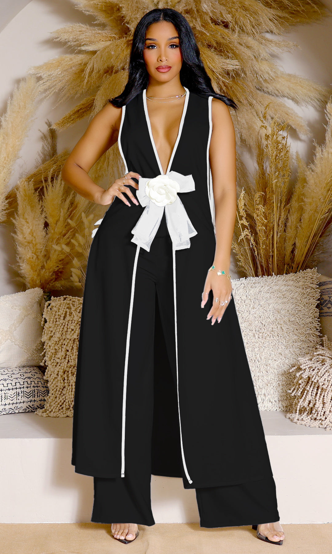 Women Sexy bow sleeveless dress and wide leg pants two-piece set 9