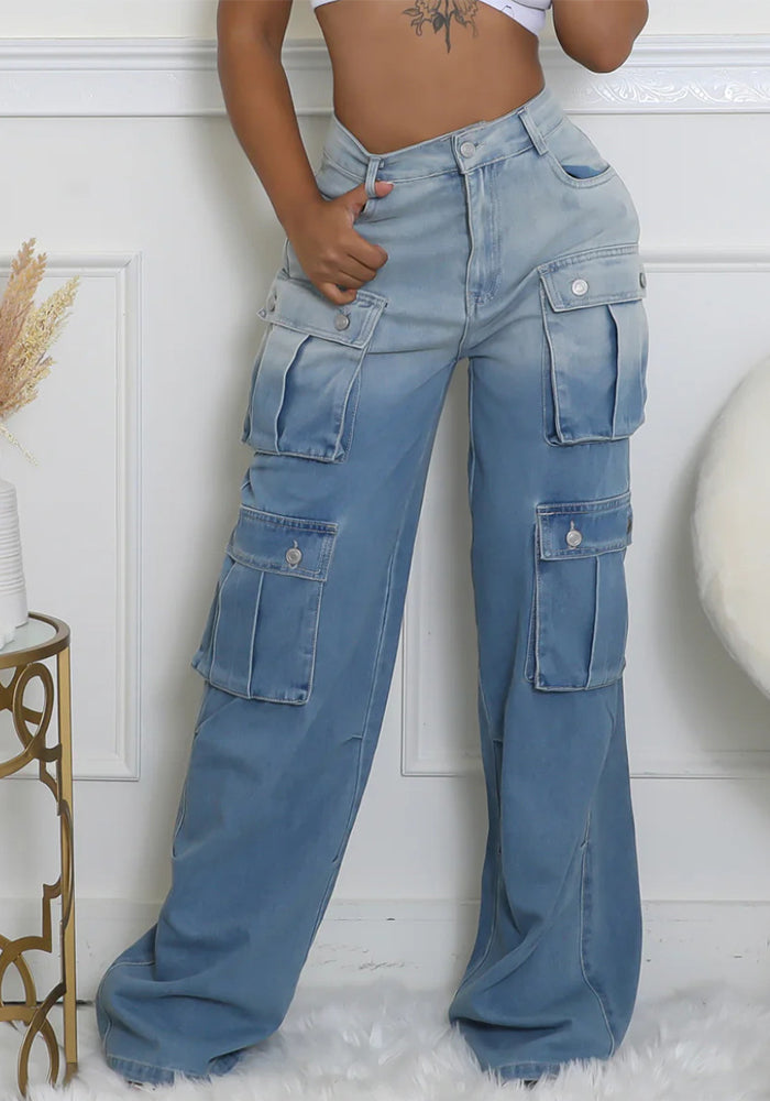 Fashionable Women's Multi-pocket Button Gradient Cargo Straight Trend Denim Trousers