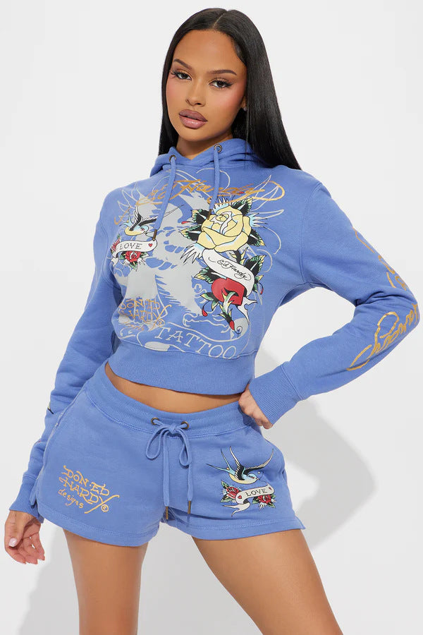 Women Print Hoodies and and Shorts Two-Piece Set