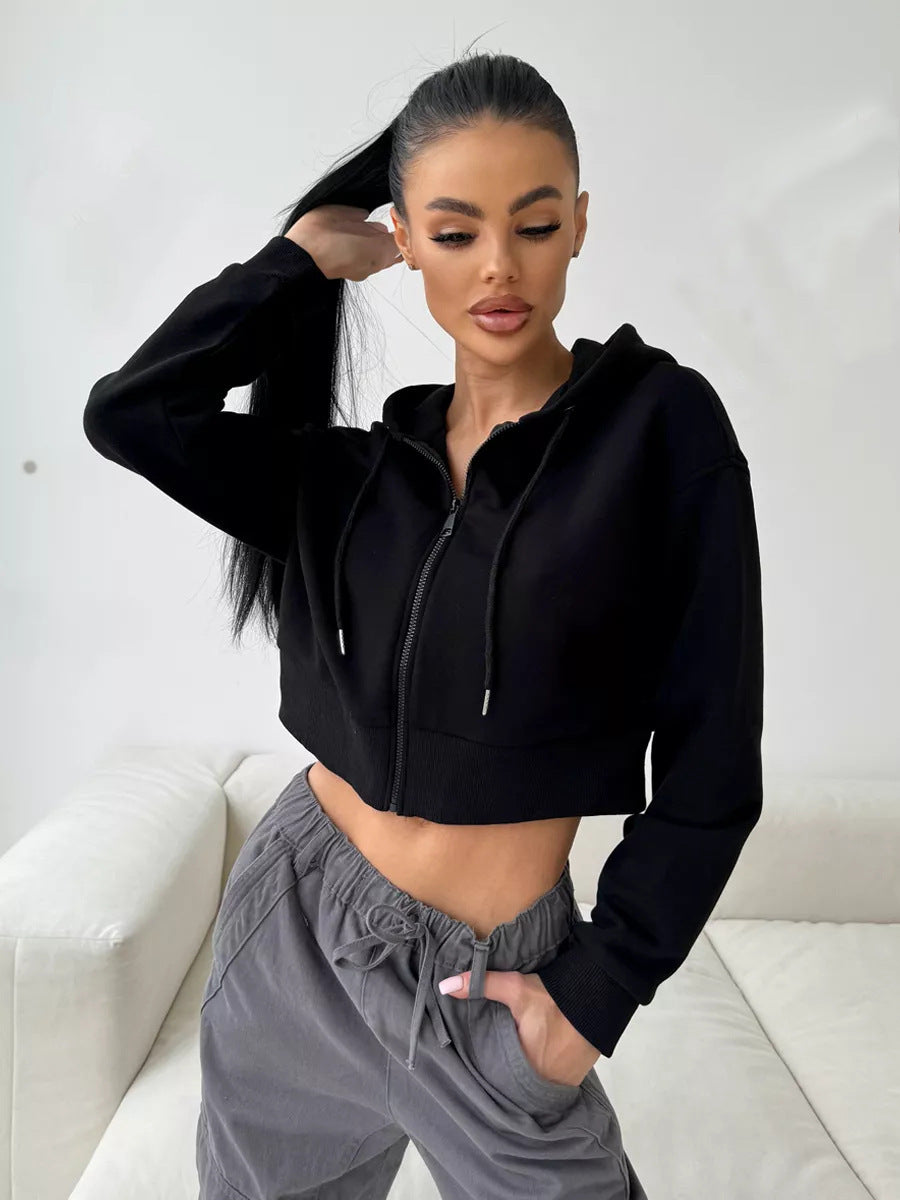 Autumn winter fashion zipper hooded drawstring solid color long sleeve Hoodies 14