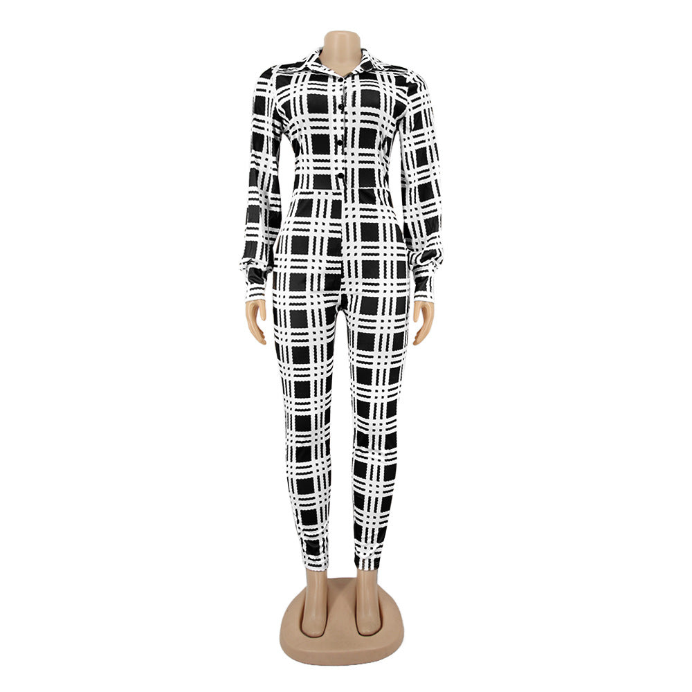 Fashionable Spring Turndown Collar Slim Puff Sleeve Women's Plaid Print Jumpsuit 16