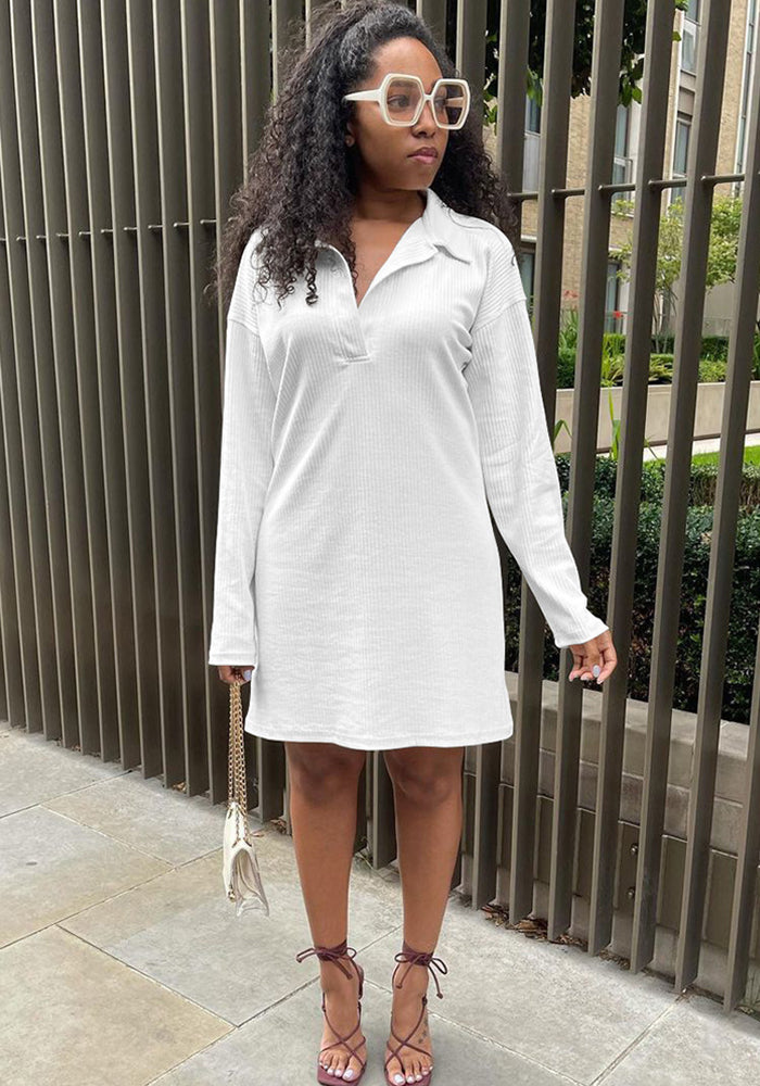 Plus Size Women summer white half-open collar long-sleeved dress