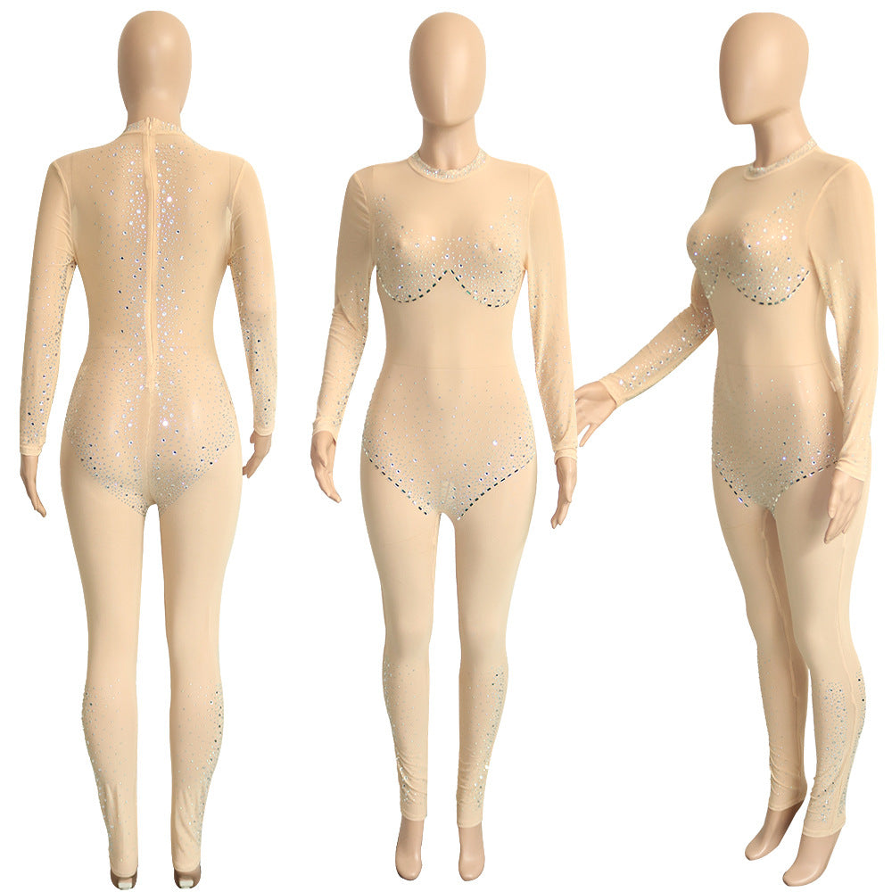 Autumn Black Beading Sexy Mesh Long Sleeve Party Jumpsuit 13