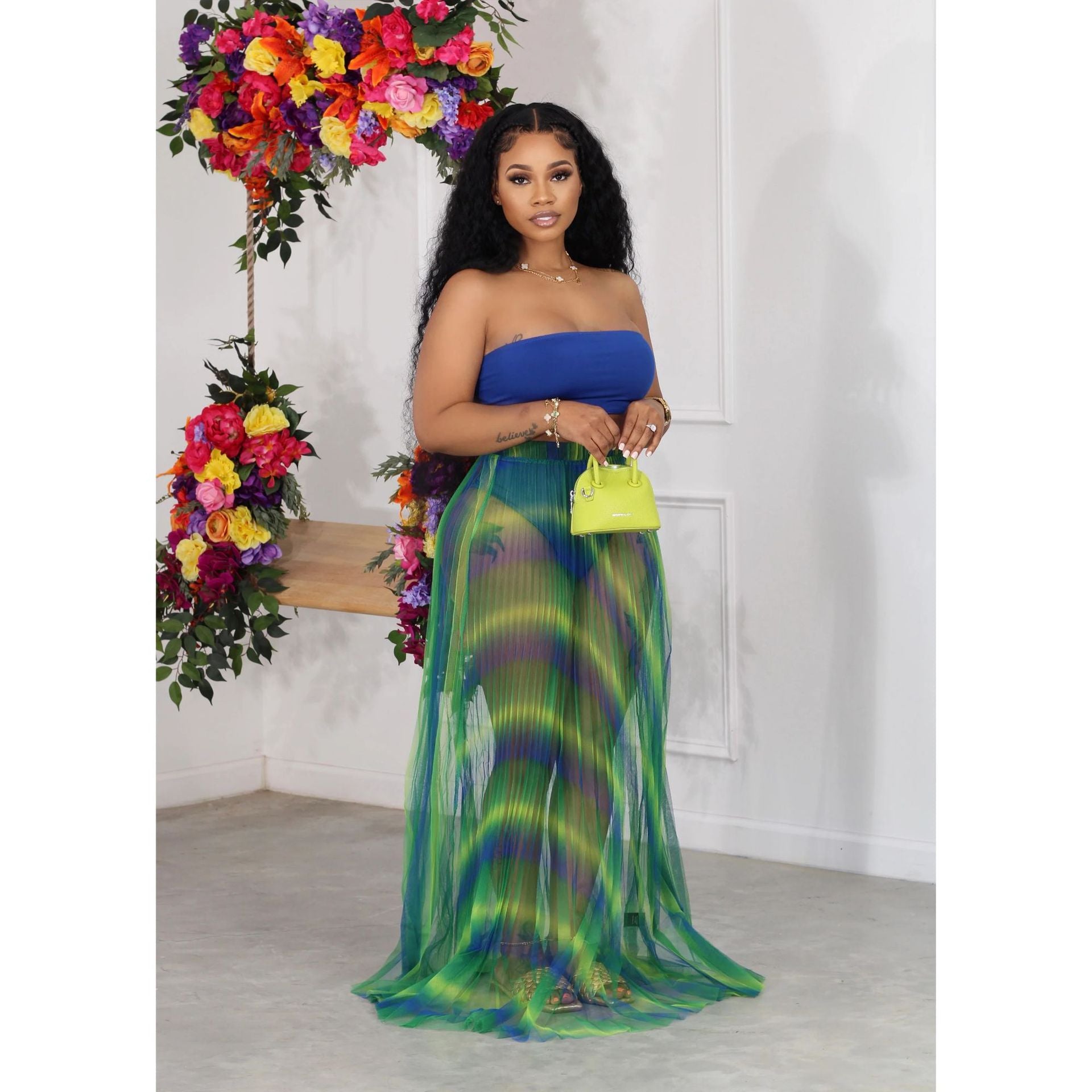 Women's mesh bandeau top + maxi skirt set 8