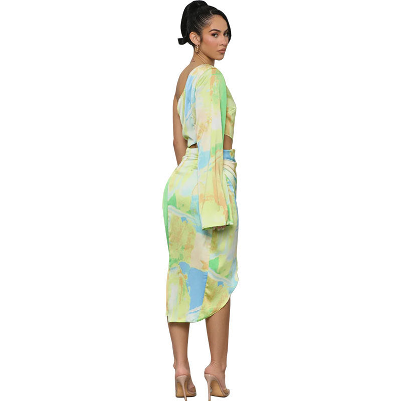 Women Spring/Summer Printed One-Sleeve Casual Maxi Dress 4