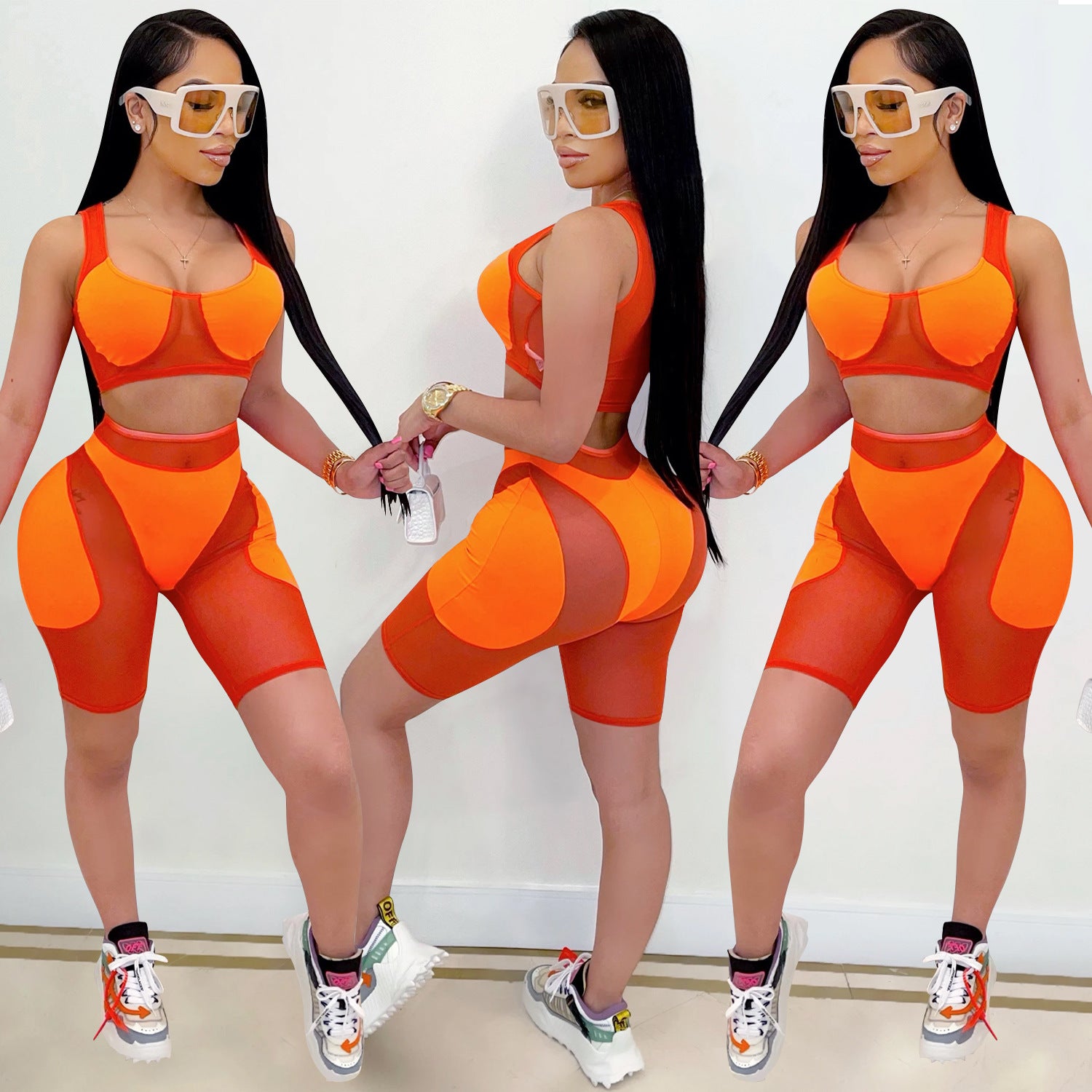 Women casual solid mesh color-blocking Top and Shorts Two Piece Set