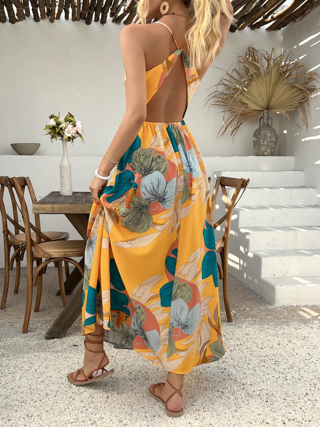 Sexy Low Back Strappy Print Summer Holidays Style Long Dress Tropical Leaf Dress 3
