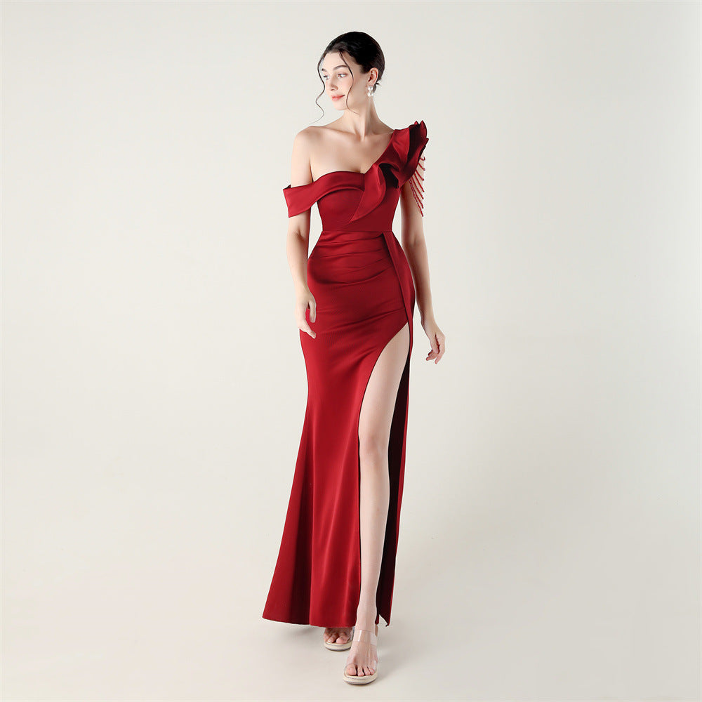 Women pleated one-shoulder beaded ruffle fishtail formal party evening dress 15