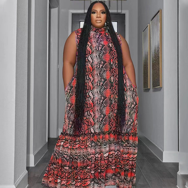 Summer Stand Collar Sleeveless Print Plus Size Women's Stylish Loose Long Dress 3