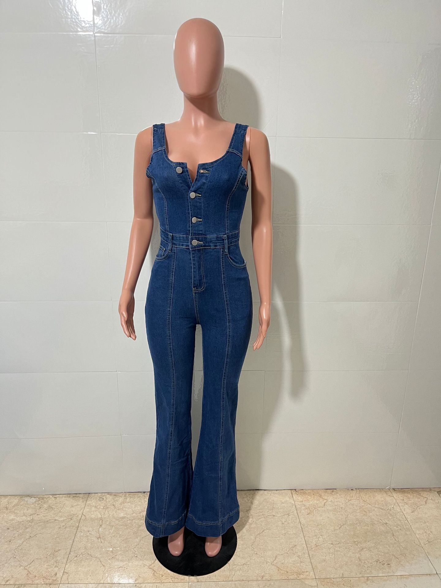 Women Casual Sexy Denim Bell Bottom Jumpsuit 7