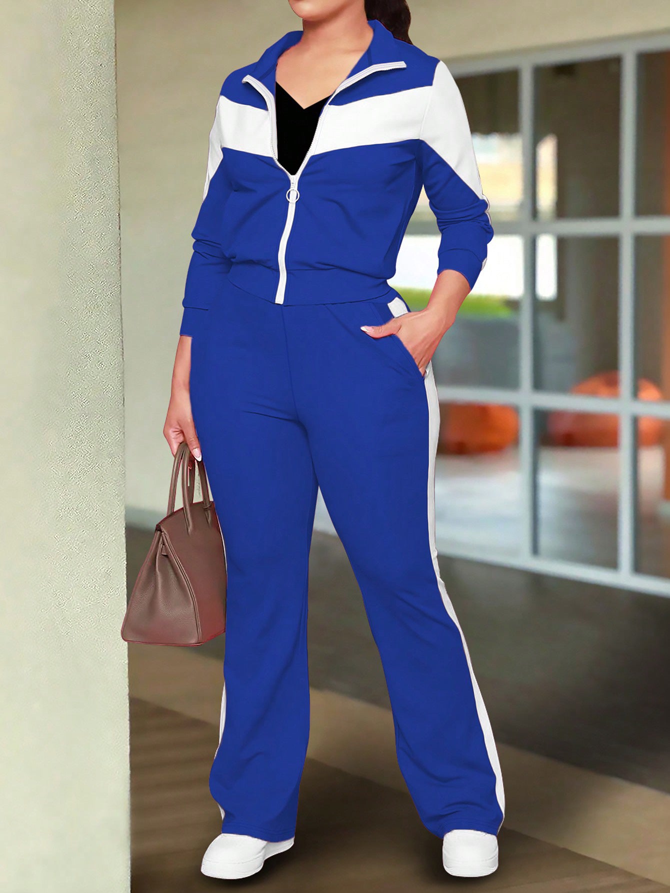 Spring/Fall Women's Trendy Color-Block Sporty Zip-Up Jacket & Casual Pants Set 6