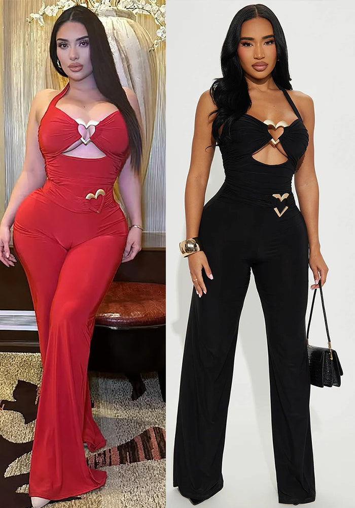 Women Summer Sexy Metal Button Hollow Sexy Backless Halter Neck Jumpsuit