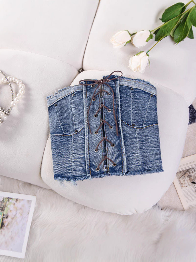 Women Sexy Off Shoulder Elastic Denim Crop Strapless Top 8